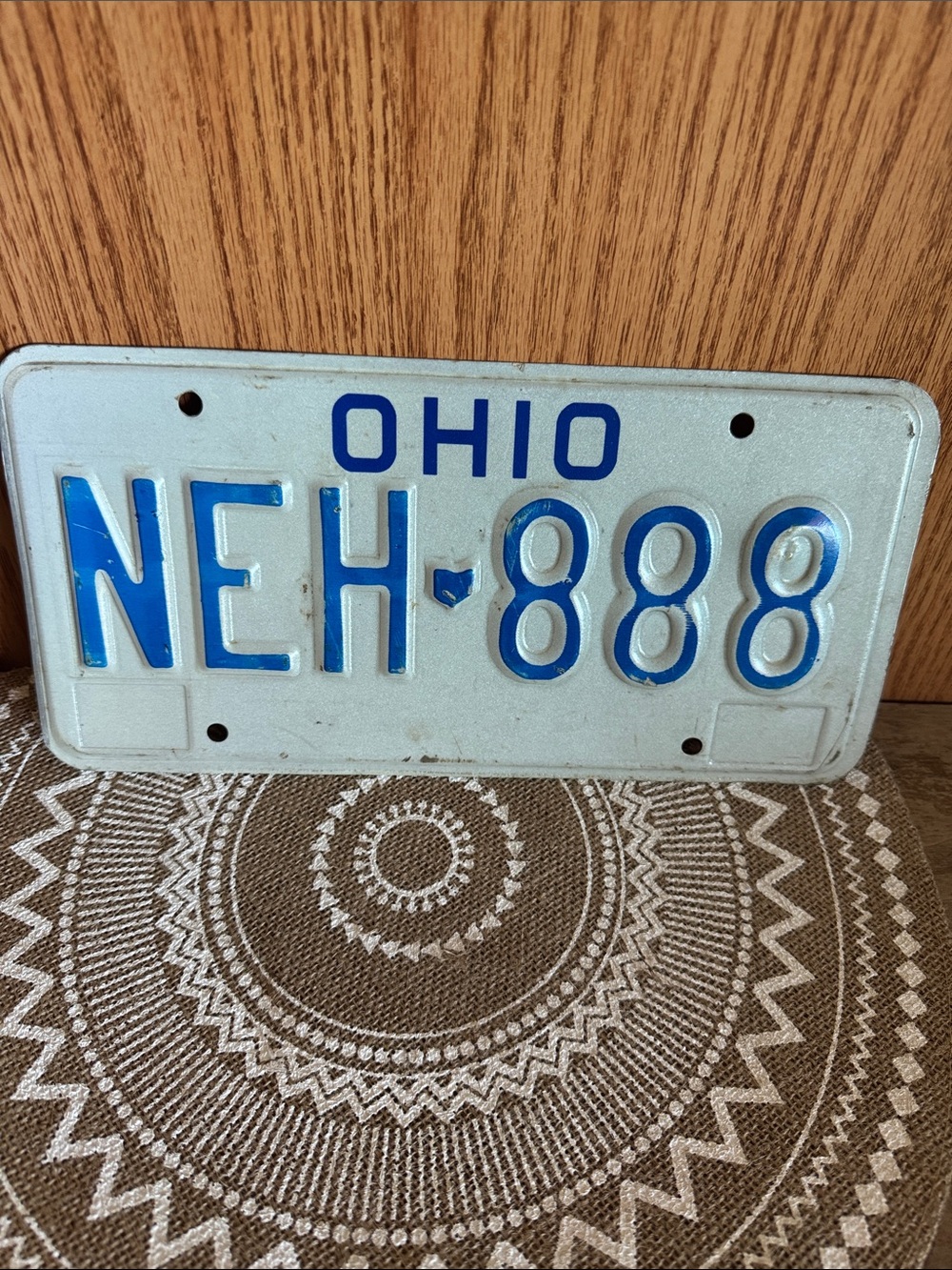 Vintage Ohio Full Size License Single Aluminum Plate NEH-888 in White and Blue